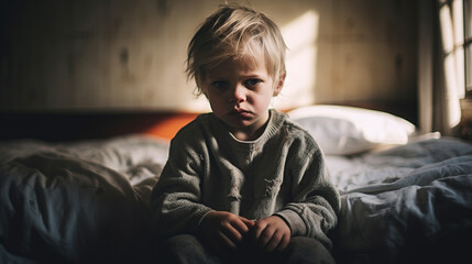 Fototapeta premium a sad almost crying toddler, boy, sitting on the bed in the children's room, sulking and being offended, sad or traumatic, drama and childhood, fictional happening