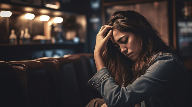 young adult woman is sad or thoughtful face or shocked or confused or unhappy, fictional place and happening