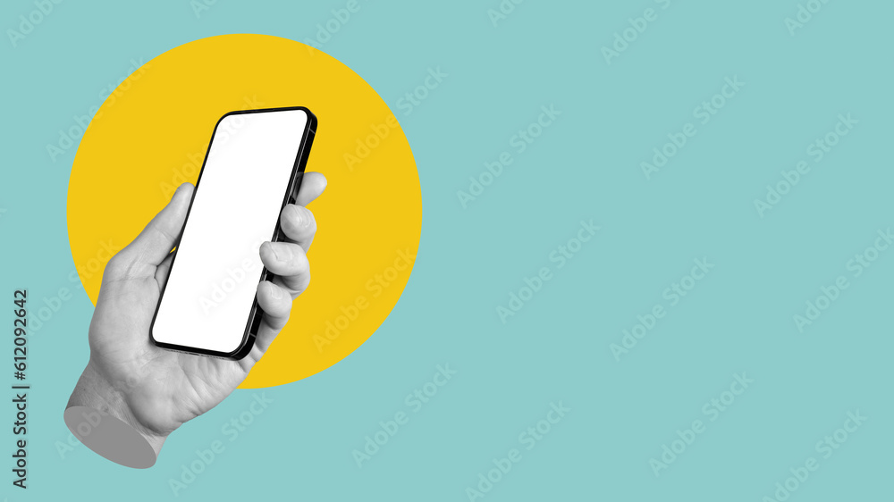 Poster hand holding smart phone mockup, screen mock-up. banner background with copy space for text