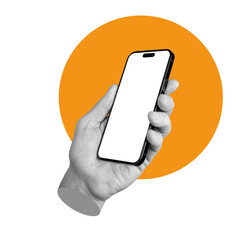 hand holding iphone 14 pro smartphone mockup, blank screen mock-up