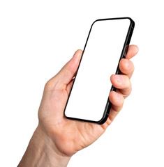 Male hand holding smart phone mockup, screen mock-up isolated on white background