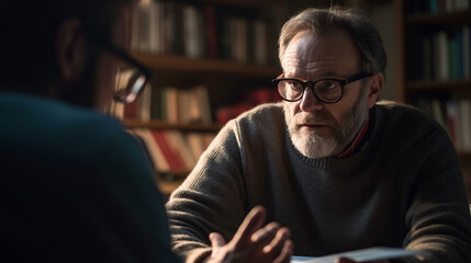 mature adult man with glasses and a receding hairline or thinning hair, older middle-aged man with a sweater and a gray beard, in conversation with another person - obrazy, fototapety, plakaty