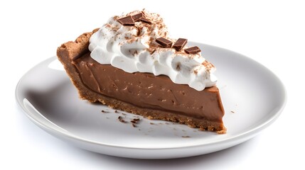chocolate pie topped with whipping isolated on a white background with copy space