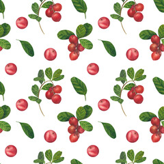 Seamless pattern with Cowberry red berries Vaccinium vitis-idaea, lingonberry, mountain cranberry. Watercolor hand drawn painting illustration isolated on white background