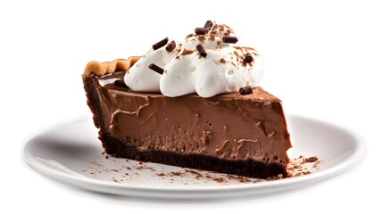 chocolate pie topped with whipping isolated on a white background with copy space