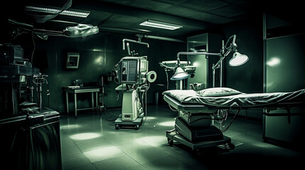 dark mysterious basement room with medical equipment, hospital or research and development, fictional