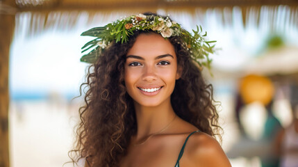 young adult woman, 30s, 20s, with floral headdress in tropical, on sandy beach, bamboo beach bar or beach cafe, meeting other tourists, tourism, beach holiday on sandy beach