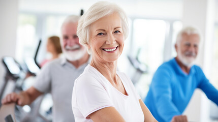 Obraz premium old woman ,grandmother, in a gym or both he nursing or sick leave on a bicycle machine or treadmill or athletic equipment for fitness and increasing physical fitness and health