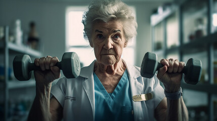 Fototapeta na wymiar dumbbells and grandma, elderly woman and fitness