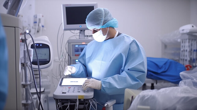 mature adult man at a fictional machine in a hospital or doctor or surgeon or practice, ventilation or diagnostic machine, respirator or ultrasound or dental equipment