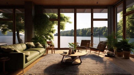 Fototapeta na wymiar Living room with large windows overlooking a lake. Generative AI