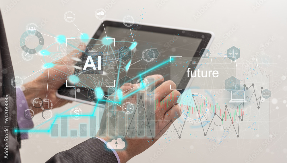 Poster man using tools ai. technology smart robot science and artificial intelligence technology, and innov