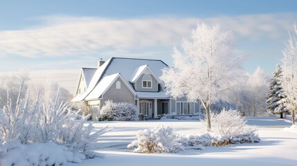 detached house in the country, living in a rural area, dreamlike living in your own home, off the beaten track in the country, country life, winter and snow, dreamlike winter day - obrazy, fototapety, plakaty