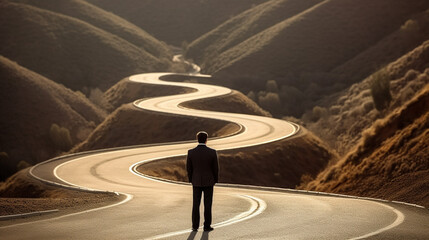 Serpentine, serpentine road, man on road surrounded by hills or mountains, fictional abstract, in suit
