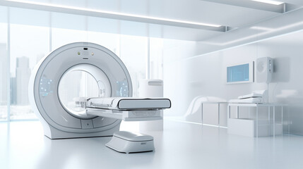 magnetic resonance in modern hospital, hospital interior, stretcher and medical device