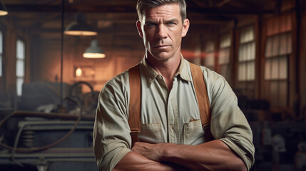 adult middle aged man ,adult mature man with arms crossed, vintage retro past, old barn or workshop, indoor, shirt and braces, serious facial expression