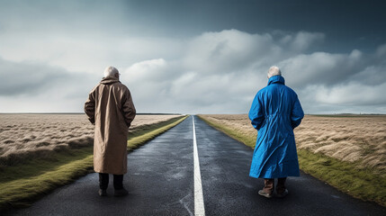 old elderly man grandpa on road deciding for the best change or way of life, environment or life decisions, past and future
