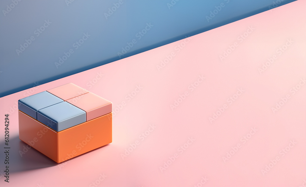Poster abstract minimal concept. pastel multi colour background with abstract geometric cube box landscape.