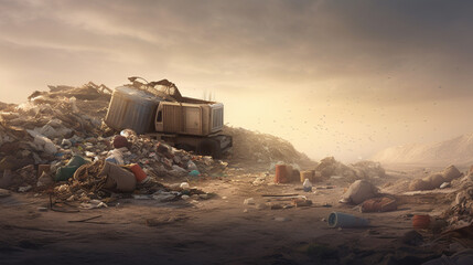 garbage can, Garbage dump, heaps of garbage and industry, incinerator, burning garbage and scrap and hazardous waste at landfill - obrazy, fototapety, plakaty