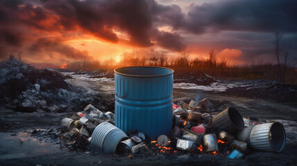 garbage can, Garbage dump, heaps of garbage and industry, incinerator, burning garbage and scrap and hazardous waste at landfill - obrazy, fototapety, plakaty