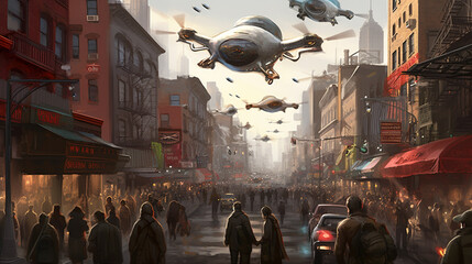 abstract, background of a city, population and flying drones or vehicles, future society, fictional © wetzkaz