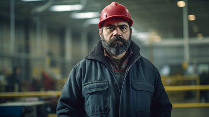Obraz premium mature adult man with helmet and work clothes, in a production or industry, fictional location