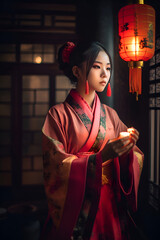 A girl in a kimono against the background of Chinese lanterns, Generative AI 2