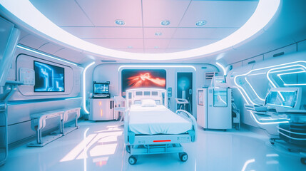 modern or futuristic hospital room indoor, hospital bed