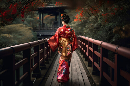 A Japanese geisha in a traditional costume walks in the park, Generative AI 5