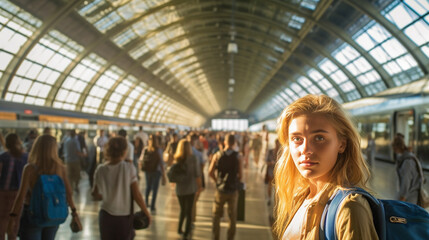 a young adult woman at the airport or train station, crowd, flight delay or missed flight or canceled flight, strike or other reason, annoyed and impatient, travel on vacation