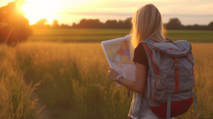 young adult woman or teenager with a paper map and a backpack, long blond hair, on a sunset walk in summer, on a narrow dirt road, in nature, fictitious place