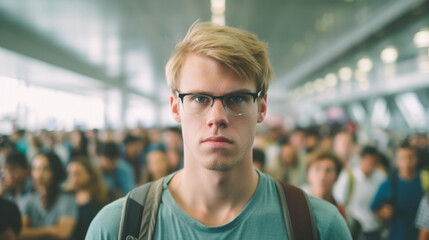 Fototapeta premium a young adult man at the airport or train station, crowd, flight delay or missed flight or canceled flight, strike or other reason, annoyed and impatient, with backpack, travel on vacation