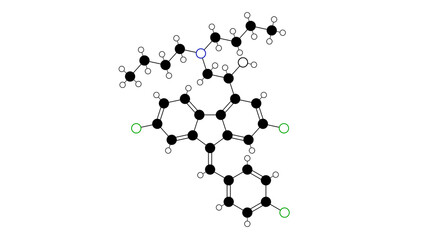 lumefantrine molecule, structural chemical formula, ball-and-stick model, isolated image benflumetol