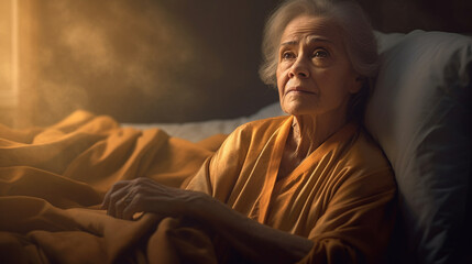 elderly woman, old woman lying in bed, sad humble mood, alone and lonely or sick and sickly, bedridden