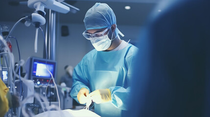 young adult doctor with tanned skin is preparing for an operation, protective glasses and gloves,operating room