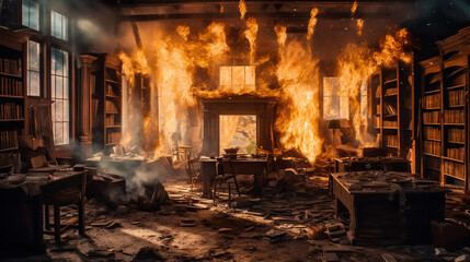 a burning library or antique book collection, knowledge is destroyed, vintage retro book, library on fire and flames, fictional location