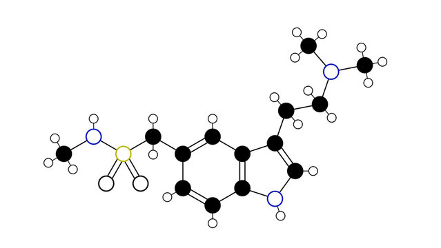 sumatriptan molecule, structural chemical formula, ball-and-stick model, isolated image imitrex