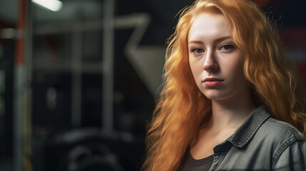 Fototapeta premium bad mood bad mood, young adult woman or teenage girl with orange-red hair, long hair, denim jacket and sad thoughtful doubting face expression