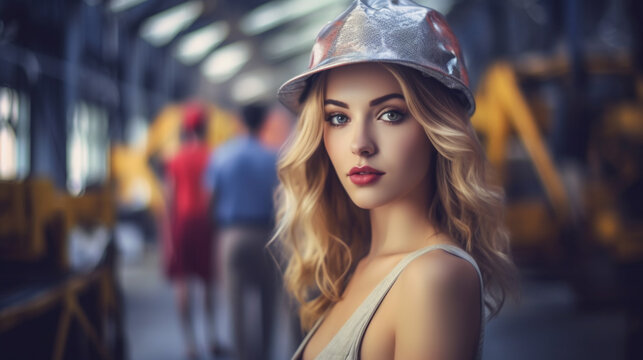 fashion or model with fashionable construction site helmet made of fabric, photo shoot or backdrop of a construction site, film or photography, blonde slim attractive woman 20s, 30s,