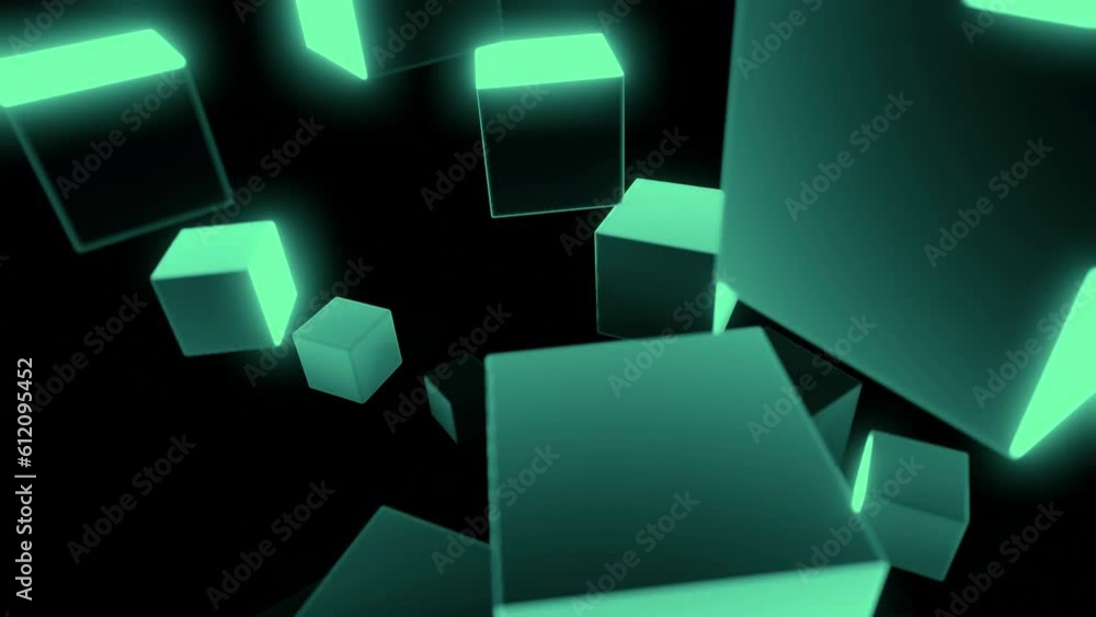 Poster 3d cubes rotate in air. design. glowing 3d cubes move in space on black background. cubes rotate in 