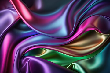 Obraz premium Neon colorful abstract shiny plastic silk or satin wavy background. Generative AI.