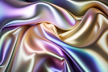 Iridescent abstract shiny plastic silk or satin wavy background. Generative AI.