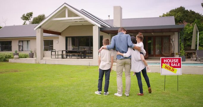 Sold, real estate and family on lawn of new house for property, purchase or investment. Hug, pride and future with parents and children in front yard of home for moving, mortgage and asset management