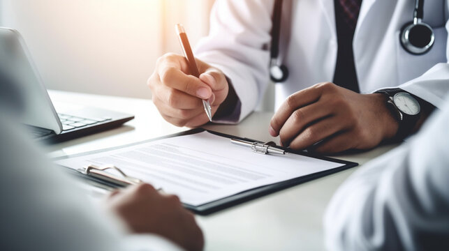a team of doctors with a document at a preliminary meeting of a contract or document, small print, white doctor's coat and stethoscope, fingers and hands, signature