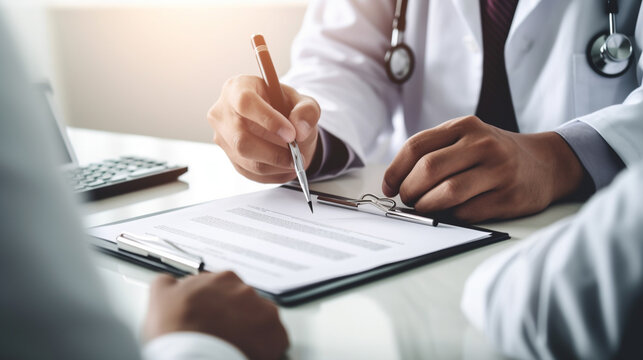 a team of doctors with a document at a preliminary meeting of a contract or document, small print, white doctor's coat and stethoscope, fingers and hands, signature