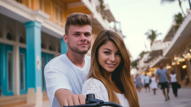 young adult woman and man, couple or friends, with a motor scooter, fictional location