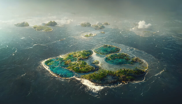Aerial view of small exotic atoll islands in the open ocean sea. Beautiful nature landscape. Generative AI