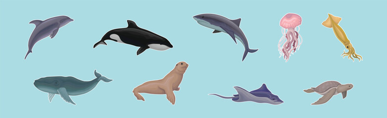 Marine Habitant with Ray, Whale, Turtle, Shark, Jellyfish and Fur Seal Vector Set