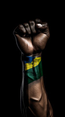 Fototapeta na wymiar Photograph showcases a raised black fist in solidarity, accompanied by the vibrant colors of the Brazilian flag , Generative AI