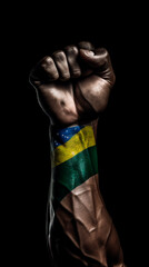 Photograph showcases a raised black fist in solidarity, accompanied by the vibrant colors of the Brazilian flag , Generative AI